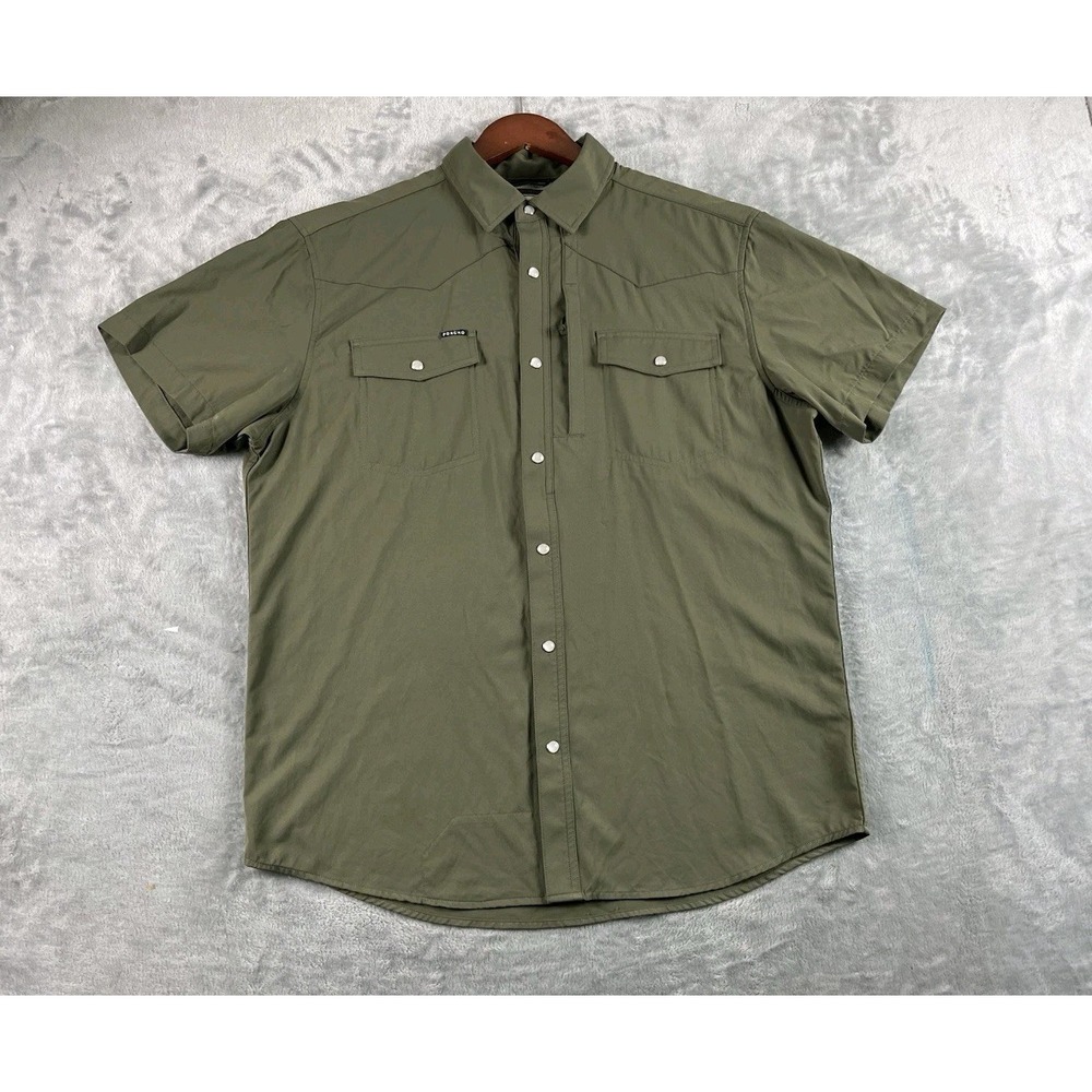 Poncho Shirt Mens Large Green Slim Short Sleeve Pearl Snap Fishing Western READ